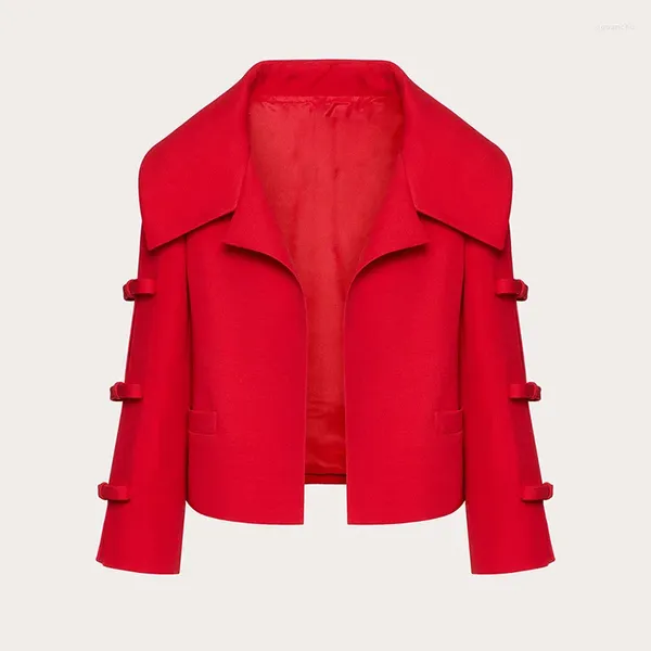 Женские куртки Красный 2024 Весна Дизайнерский полый бант с разрезом Рукав три четверти Короткое пальто Кардиган Куртка для женщин Укороченный пиджак