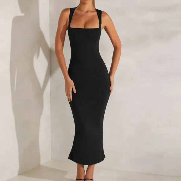 Lässige Kleider Elegantes schwarzes, figurbetontes Kleid für Frauen, sexy, schlankes Midi, ärmellos, Spaghettiträger, Abend, Geburtstag, Club, Promi-Party