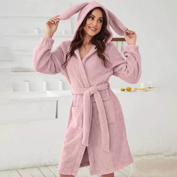 Mulheres sleepwear bonito com capuz velo robe para mulheres roupões com capuz animal kawaii desenhos animados design macio pelúcia noite quente