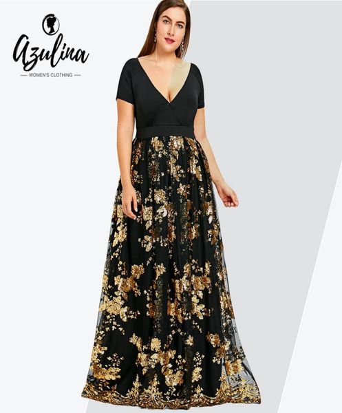 Rosegal Plus Size Abito lungo con paillettes floreali Abito da donna con scollo a V profondo a maniche corte Abiti da sera eleganti Abiti da festa T58462819