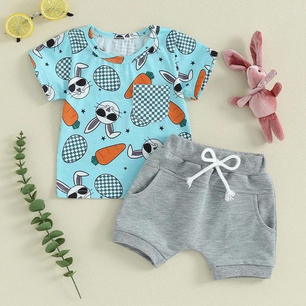 Kleidungssets Kleinkind Baby Jungen Osteroutfits runder Nacken Karotte Kurzarm T-Shirt Top und Kordelstring Feste Farbshorts SET