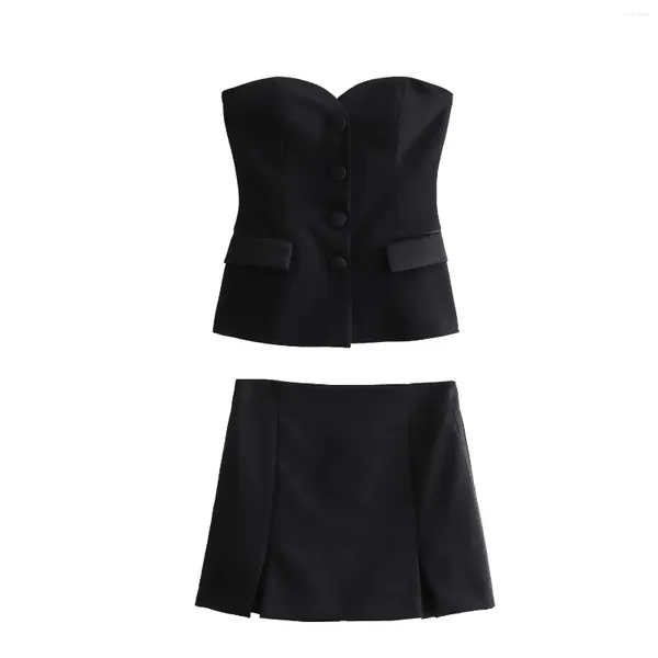 Damen-Shorts, schwarze Rock-Sets, modisch, hohe Taille, Schlitze, seitlicher Reißverschluss, Miniröcke, Frau, sexy, trägerlos, Bustier-Stil, Top-Anzüge