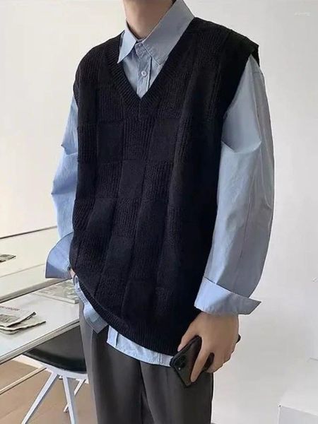 Gilet da uomo Abbigliamento Tinta unita Maglione lavorato a maglia retrò giapponese Gilet maschile Gilet scozzese senza maniche Gilet in cotone tinta unita nero