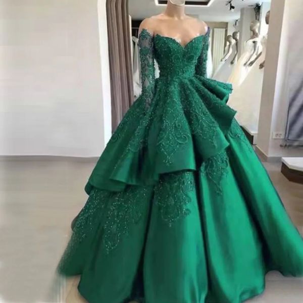 Темно-зеленое бальное платье Quinceanera Платья с бусинами и блестками Милая с длинным рукавом с открытыми плечами и рюшами длиной до пола Вечерние платья Vestidos de Fiesta