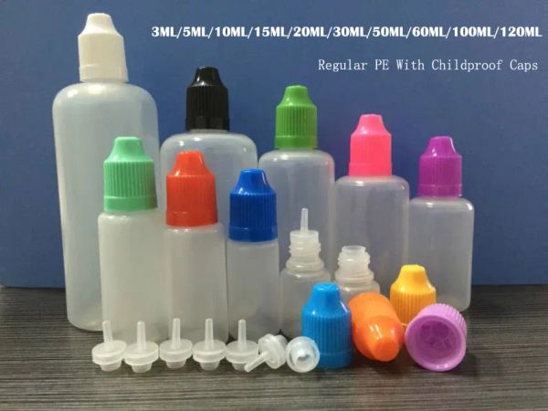 Eliquid damlalık şişeleri 3ml 5ml 10ml 15ml 20ml 30ml 50ml 60ml 100ml 120ml Plastik Şişeler Çocuk geçirmez kapaklı göz suyu sıvı şişe BJ