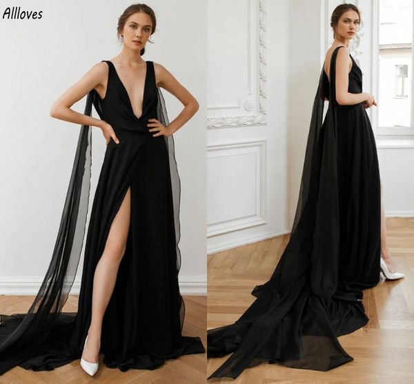 Profundo decote em v gótico preto chiffon vestidos de noite com envoltório longo sexy coxa dividir uma linha formal vestidos de festa trem varredura sem costas recepção vestidos de fiesta cl3220