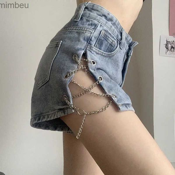 Damenshorts Rimocy Fashion Chain Blue Denim Shorts für Frauen 2023 Sexy Split High Waist Shorts Frau Sommer Streetwear Kurze Jeans FemaleL240119