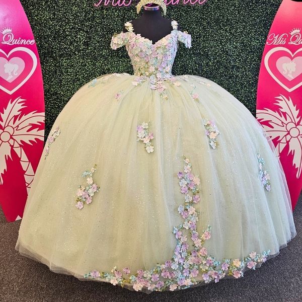 Hellgrüne, glänzende, schulterfreie Quinceanera-Kleider für Mädchen, Blumen, Tüll, Kapellenschleppe, Vestidos 15 De Quinceanera Maßgeschneidert