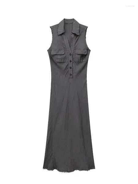 Vestidos casuais 2024 camisa cinza vestido mulher sem mangas mulheres linho verão desgastado maxi para mulheres botão