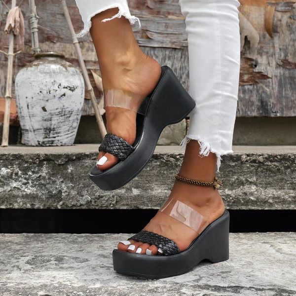Terlik Kadınların Konfor Yüksekliği Sandalet Artışı Yaz Siyah Pvc Şeffaf Bant Yüksek Topuklu Kama Platformu Platform Mules Ayakkabı