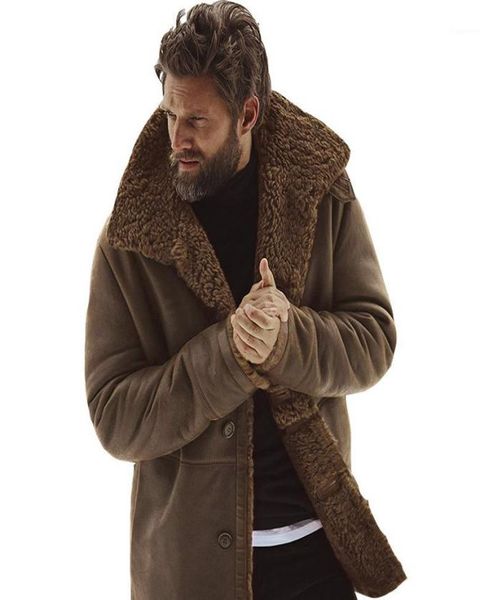 Jaqueta de inverno dos homens do vintage jaquetas de couro casaco de pele falso marrom motocicleta bombardeiro shearling button5490904