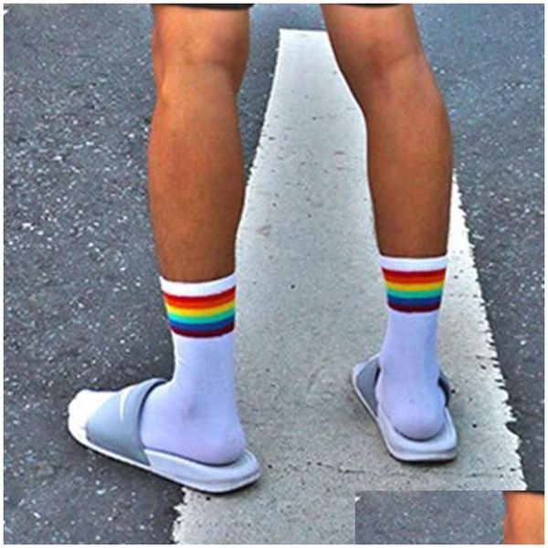 Sportsocken Herren für 24–27 cm Fuß Damen Regenbogenliebhaber Frühling Sommer Farbdruck Streifen Baumwolle Outdoor Sport Straße Herrensocken Dhuno