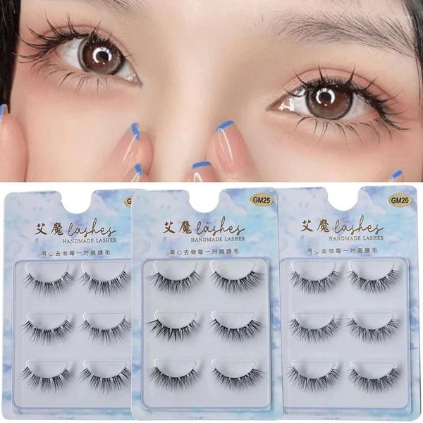 Cílios postiços 3 pares 3d falso vison natural fada chicote fino longo grandes olhos diário maquiagem extensão cruz cluster cílios