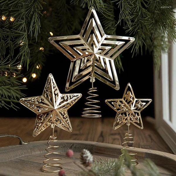 Decorações de Natal 2024 Árvore Topper Estrela Ornamento Dourado Pandent Hollow Out Navidad Xmas Ano Festa Feriado Decoração de Casa