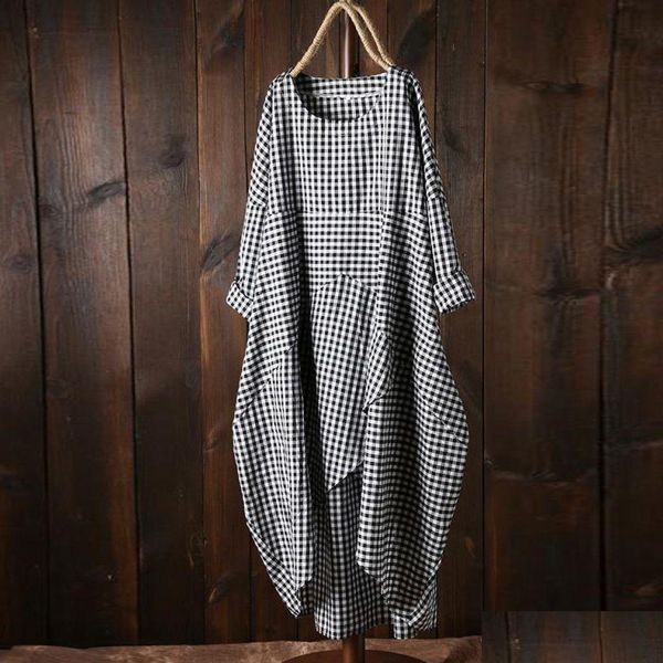 Abiti casual di base Abito estivo Moda Donna Taglie forti Maniche lunghe scozzesi a maniche lunghe Abiti casual Lattice in cotone e lino Facile M Dhnad