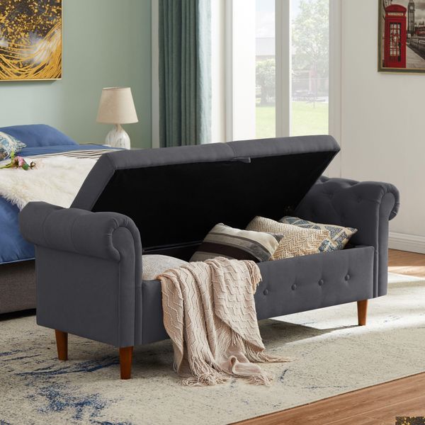 Sgabello per divano rettangolare salvaspazio di nuovo stile con ampio contenitore grigio scuro - Mobili multiuso per camera da letto per giardino domestico - Consegna disponibile