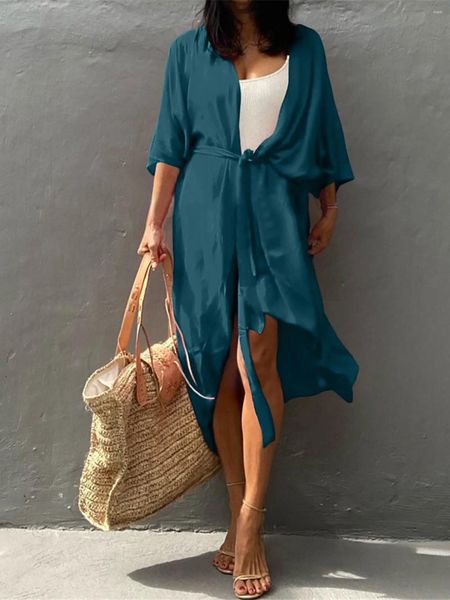 Roupa de banho feminina 8 cores com cinto meia manga túnica praia cobrir-ups vestido wear beachwear feminino k4533