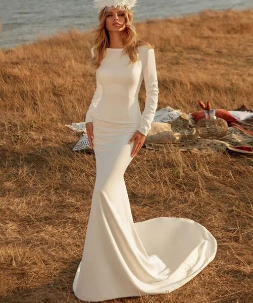 Elegante abito da sposa a sirena 2024 per le donne Scoop maniche lunghe Backless Spandex Corte dei treni Semplici abiti da sposa Beach Vestido De Novia