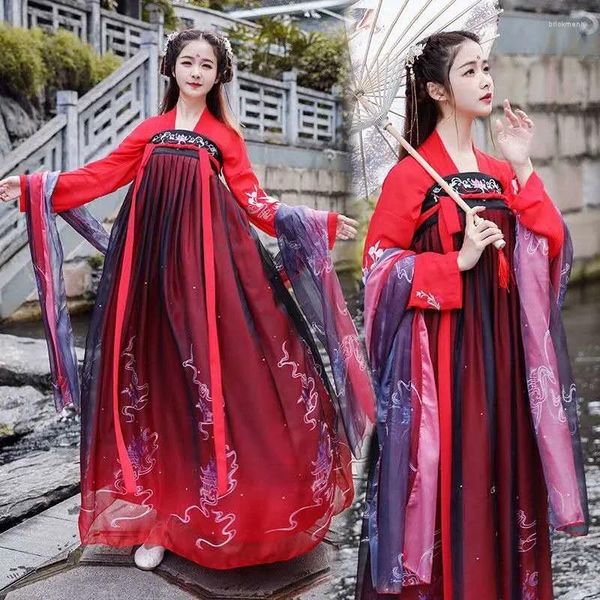 Desgaste do palco 2024 roupas tradicionais chinesas de vestido de braços longos, fantasia de cosplay para mulheres vermelhas de hanfu