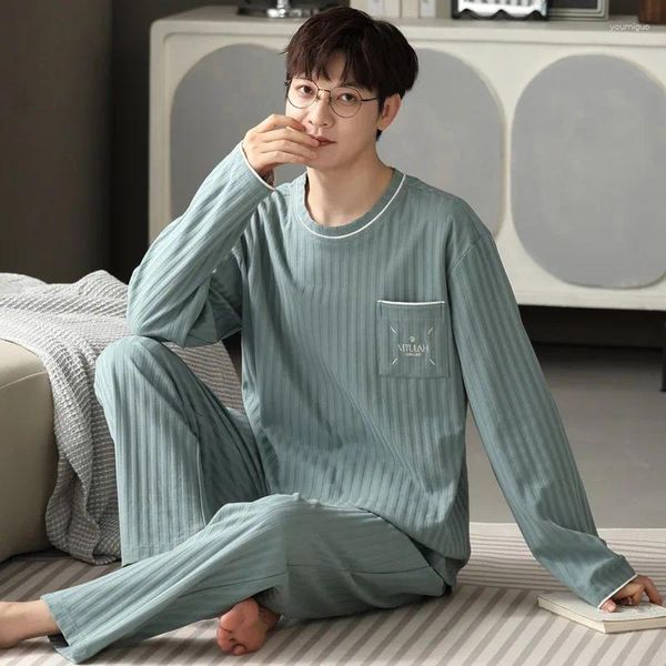 Masculino sleepwear manga longa pijama primavera e outono algodão simples em torno do pescoço casual jovens meninos loungewear moda coreana