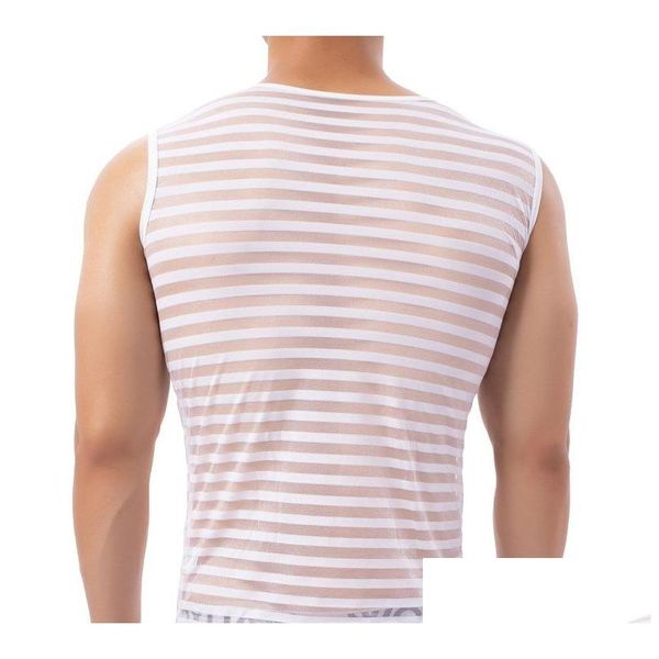 Herren-Tanktops, Herren-Tanktops, Tal-Streifen-Weste, atmungsaktiv, transparent, Charakter, elastisches Nylon, modisch, schmaler Rücken, Rundhalsausschnitt, Tropfenform