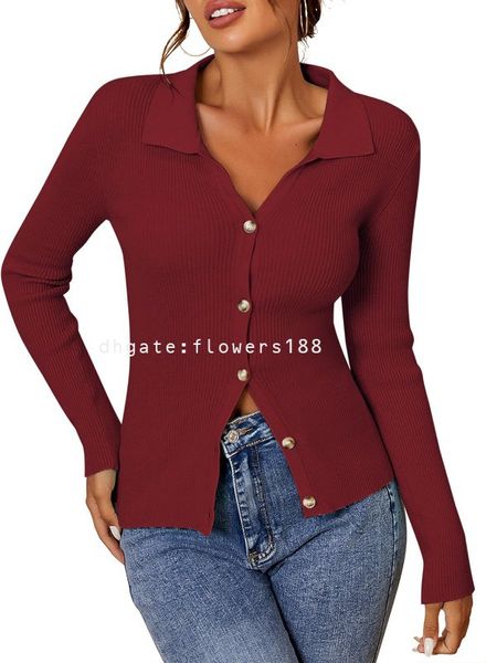 Suéteres femininos Mulheres Manga Longa Polo Sweater V Neck Button Down Ribbed Knit Cardigan Top