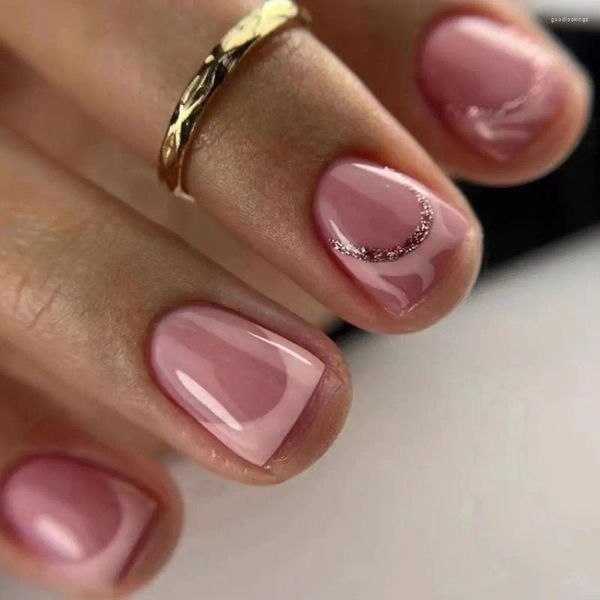 Falsas unhas curtas redondas manicure gradiente aurora dicas de unhas francesas destacáveis rosa falsas para salão de beleza