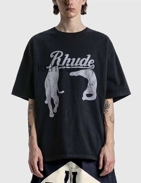 Designer Mode Kleidung T-Shirts T-Shirts Rhude Frühling Sommer Nacht Katze Print High Street T-Shirt Schwarz Lose Baumwolle Trendy Rundhals Tops Streetwear Z6rn