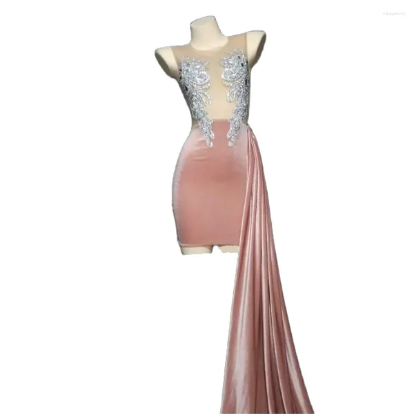 Palco desgaste rosa cisne veludo vestido strass bainha mulheres festa de casamento noivado formal nightclub passarela show outfit