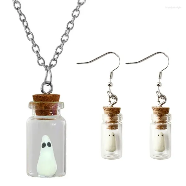 Conjunto de brincos de colar fantasma em garrafa pingente que brilha no escuro pendurado luminoso joias de Halloween para mulheres e meninas