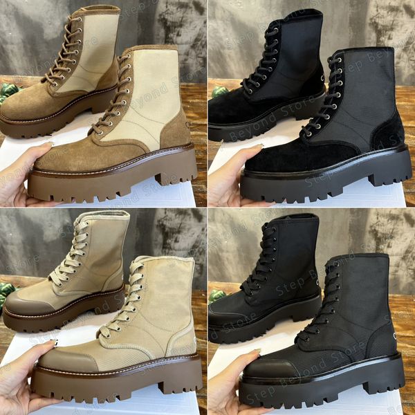 Botas de desenhista Mulheres Moda Botas Acolhedores Conforto Sapatos CE Vintage Lace Up Boot Nylon Sude Calfskin Grosso Sole Boot Outdoor Casual Knight Boots Tamanho 35-41