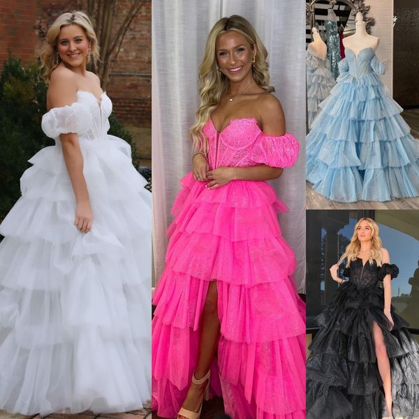 Glitter Tulle Prom Elbise Strapess Corse Ball Ball Ruffle Pageant Resmi Akşam Etkinliği Özel Günlük Gala Kırmızı Halı Pist Elbise Quince Deep V-Gutt Parlak Pembe