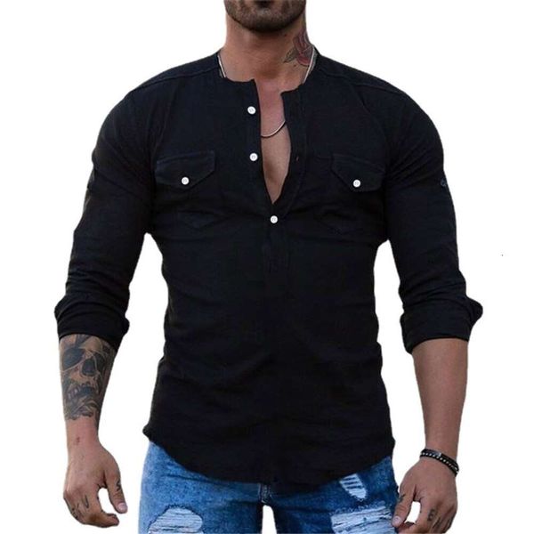 Camisas casuais populares de primavera e outono para homens, camisas de manga comprida slim fit de cor sólida, tops elegantes de cardigã