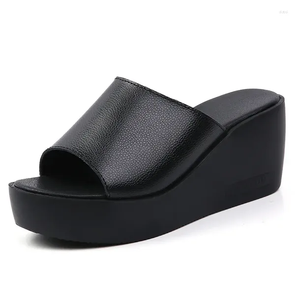 Pantofole in vera pelle nera con zeppa da donna scarpe estive con zeppa per donna infradito aperte in punta femminile sandalo con tacco