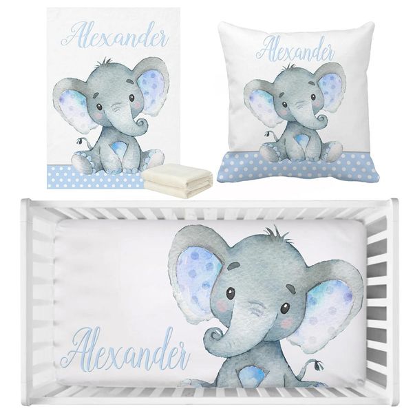 Shorts Yziho Conjunto de cama para berço de bebê menino, nome personalizado, conjunto de cama de elefante azul, conjunto de cama para presente de chá de bebê