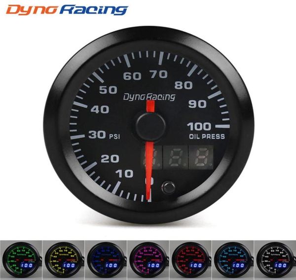 Dynoracing 2039039 52mm Medidor de pressão de óleo com display duplo 7 cores Led 0100PSI Medidor de pressão de óleo com motor de passo Medidor de carro B7176779