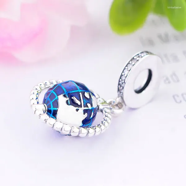 Pietre preziose sciolte Argento sterling 925 Sfera blu Globo del mondo Crave Mappa terrestre Ciondolo con perline Adatto per braccialetto con ciondolo originale Pan Creazione di viaggi Berloque