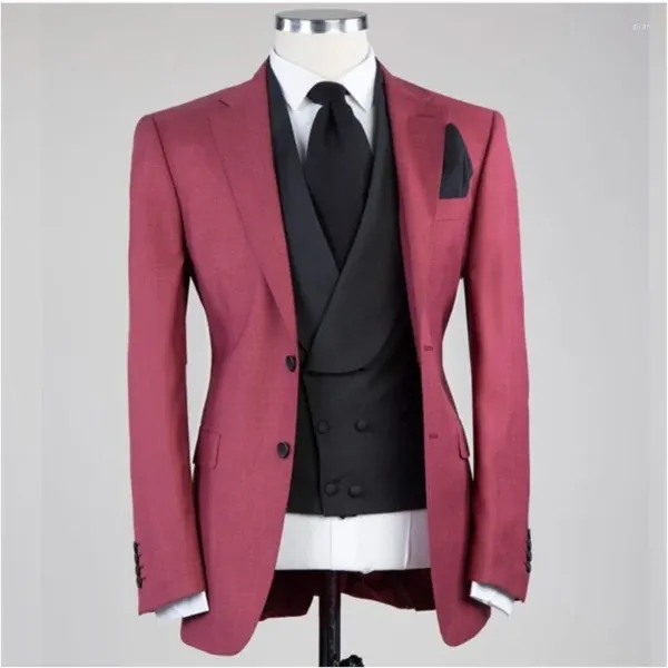 Ternos masculinos de negócios fino ajuste masculino jaqueta vermelha escura preto calça colete smoking retro terno masculino baile traje homme blazer 3 peças
