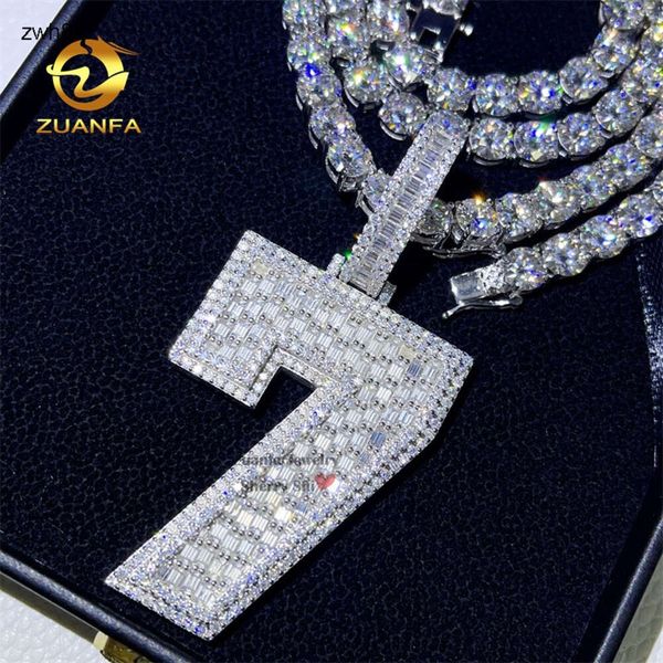 Designer de jóias diamante tênis corrente 6.5mm baguette personalizado congelado moissanite número pingente sorte 7hiphop