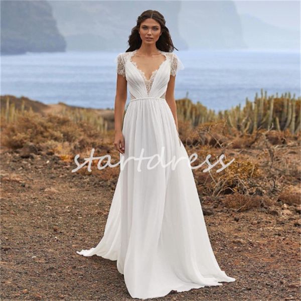 Abito da sposa Boho chic in chiffon pieghettato 2024 Abiti da sposa con maniche ad aletta sul retro in pizzo Sweep Train Abito da sposa estivo bohemien da spiaggia Robe De Mariee Scollo a V Vestios Fiesta