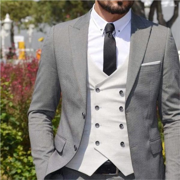 Erkek takım elbise açık gri erkek takım elbise klasik son kat pantolon tasarımları balo smokin nazik özel 3 adet (ceket yelek pantolon)