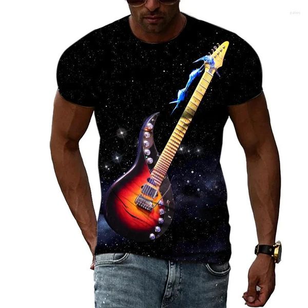 Camiseta masculina com padrão de guitarra, camiseta com impressão 3D de verão, gola redonda, moda casual, manga curta, roupas top divertidas