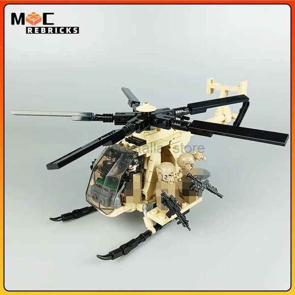 Blöcke WW II Militär Serie Neue MH-6 Little Bird Hubschrauber mit Soldaten MOC Bausteine Flugzeug Display Stand Ziegel Spielzeug Geschenke 240120