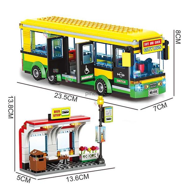 Blocos de cidade carro amarelo passageiro estação de ônibus escolar único-deck conjunto público figuras modelo blocos de construção brinquedos diy para meninos presentes