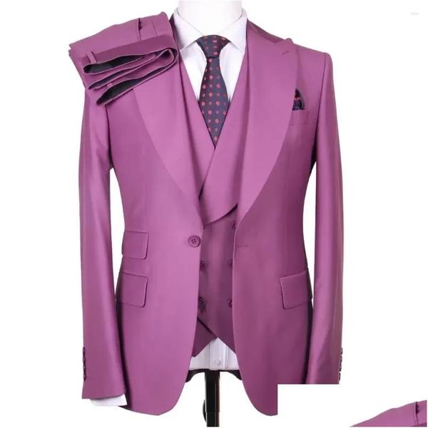 Abiti da uomo Blazer Blazer viola italiano Set 3 pezzi Abito per uomo Uomo Sposo Slim Fit Business Elegante abbigliamento formale formale Drop De Ot3Gx