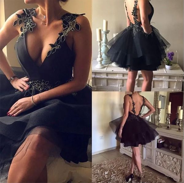 Setwell Küçük Siyah Katmanlı Kısa Homecoming Elbiseler V Boyun Sırtsız Mezuniyet Elbisesi Dantel Bir Çizgi Mini Prom Gowns Custom