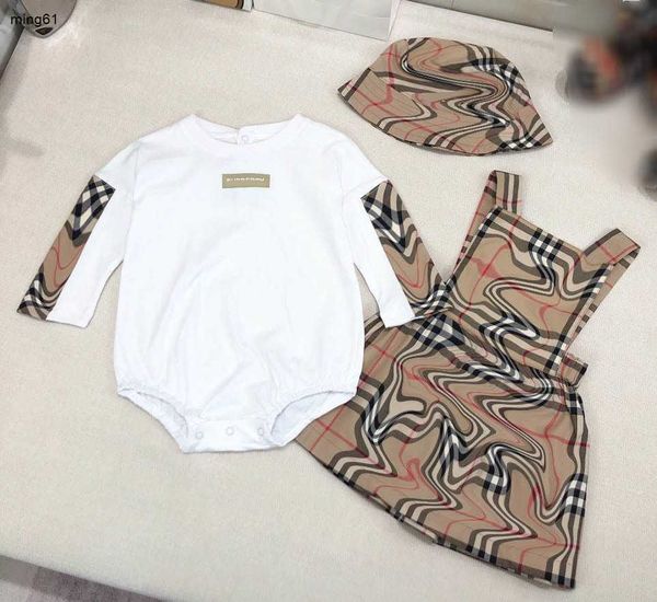 Marca bebê recém-nascido macacões bodysuit infantil tamanho 66-100 design emendado com capuz xadrez alça traseira vestido chapéu de pescador jan20