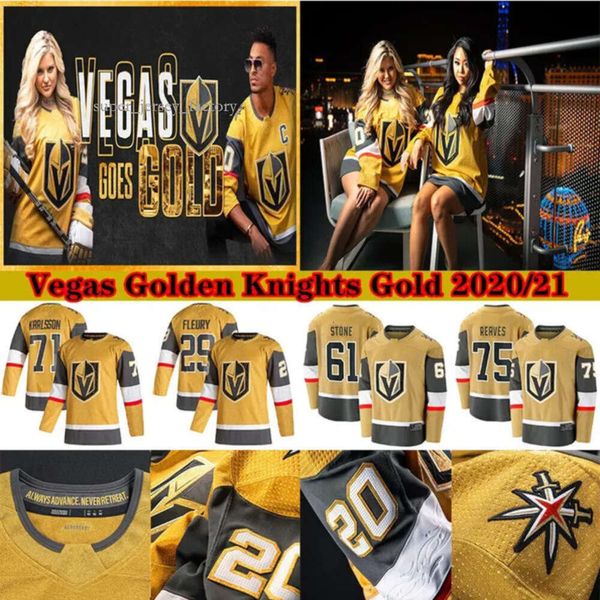 Vegas Golden Knights 2020-2021 Gold Third Jersey 29 Marc-andre Fleury 61 Mark Stone 71 William Sson 67 Max Pacioretty Hóquei Jerseys 1430 5839