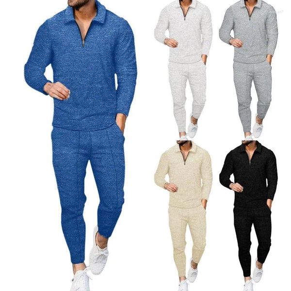 Tracksuits masculinos outono inverno waffle conjunto casual polo pescoço meia zip manga longa calças de duas peças homem roupas treino masculino 2024