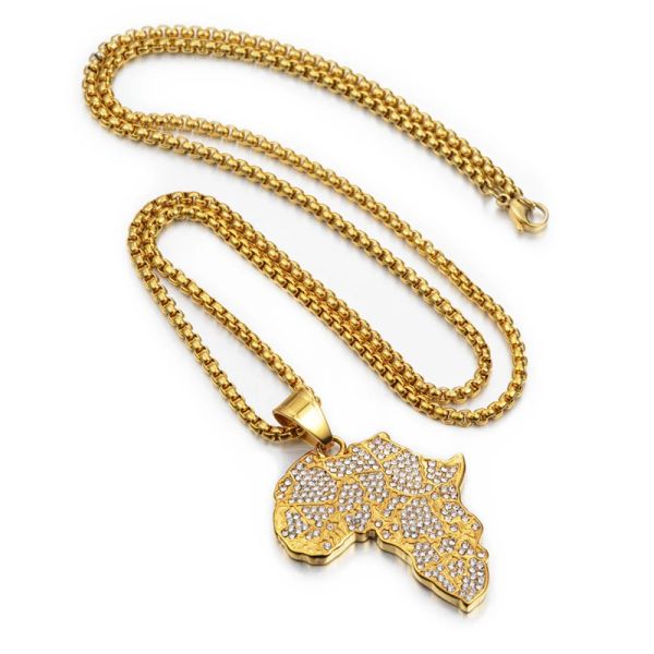 Hip Hop Iced Out Africa Collana con ciondolo mappa africana per donna Uomo Catene in oro giallo 14k Gioielli hiphop americani